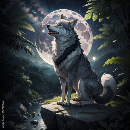 Wolf howling on full moon a...