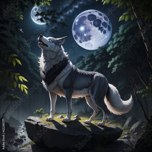 Wolf howling on full moon a...