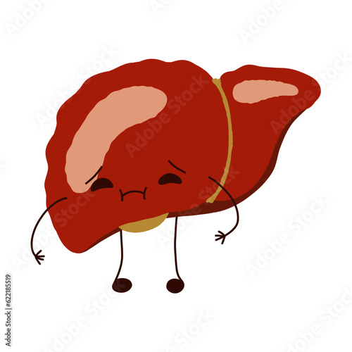 Sick sad liver character. Kawaii liver cartoon character. Diseased organ. Stock vector flat illustration on a white background.