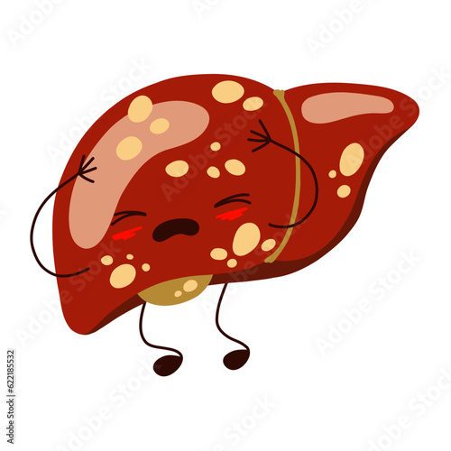 Liver cartoon character. Unhealthy, rash, spots, disease. Liver disease. Fatty hepatosis. Stock vector illustration isoladet on white background.