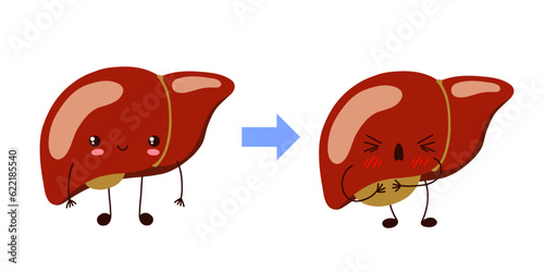 Healthy happy and sad sick liver characters. Liver damage disease. Cute kawaii liver characters. Stock vector illustration in flat cartoon style isolated on white background.