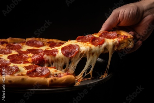 a hand gradually lifting a slice of a pepperoni pizza on a black background, created by Generative AI