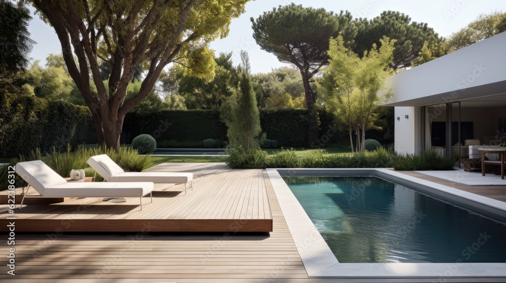 Contemporary outdoor pool with a minimalist design, loungers, and lush landscaping, generative ai