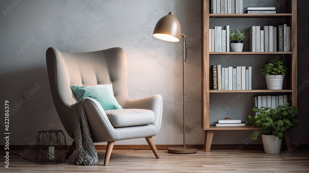 Cozy reading nook with a comfortable armchair, floor lamp, and bookshelves, generative ai Cozy reading nook with a comfortable armchair, floor lamp, and bookshelves, generative ai