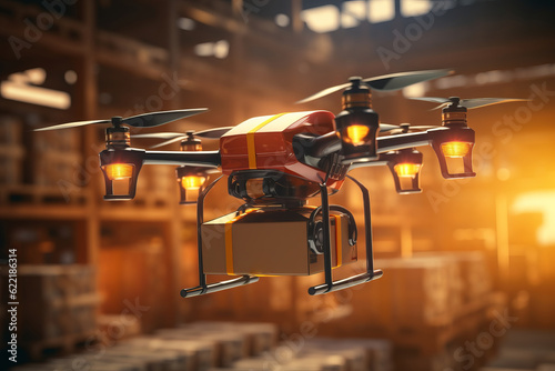 A modern drone transports cargo inside a warehouse. Product logistics.