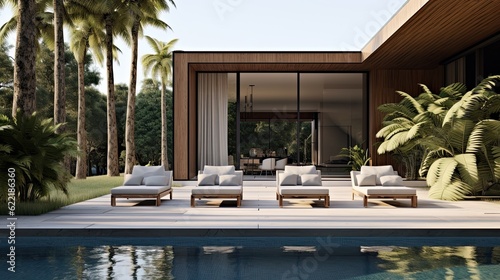 Contemporary outdoor pool with a minimalist design, loungers, and lush landscaping, generative ai © Creative Station