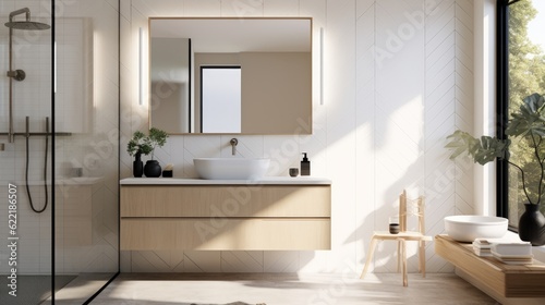 Serene and minimalist bathroom with a walk-in shower  neutral tiles  and a wall-mounted vanity  generative ai