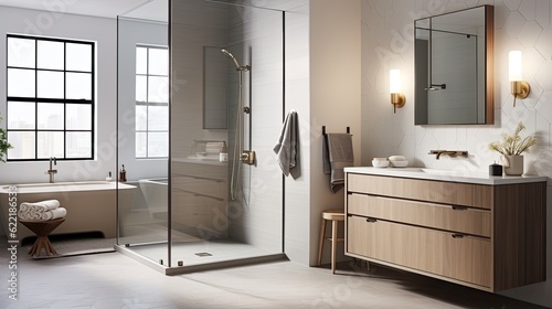 Foto Serene and minimalist bathroom with a walk-in shower, neutral tiles, and a wall-