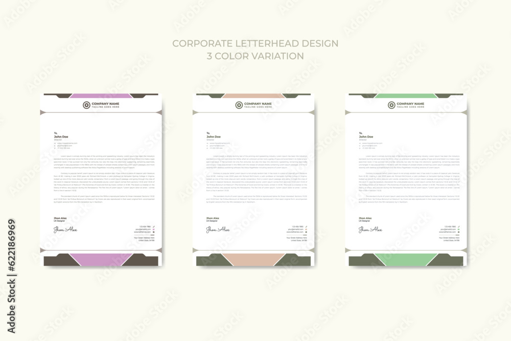 Professional corporate business letterhead template design with 3 color variation bundle