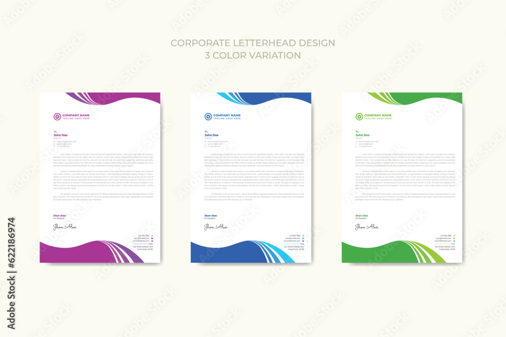 Professional corporate business letterhead template design with 3 color variation bundle