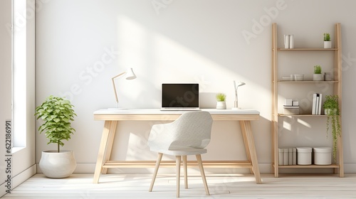 Minimalist home office with a clean white desk, ergonomic chair, and natural lighting, generative ai © Creative Station