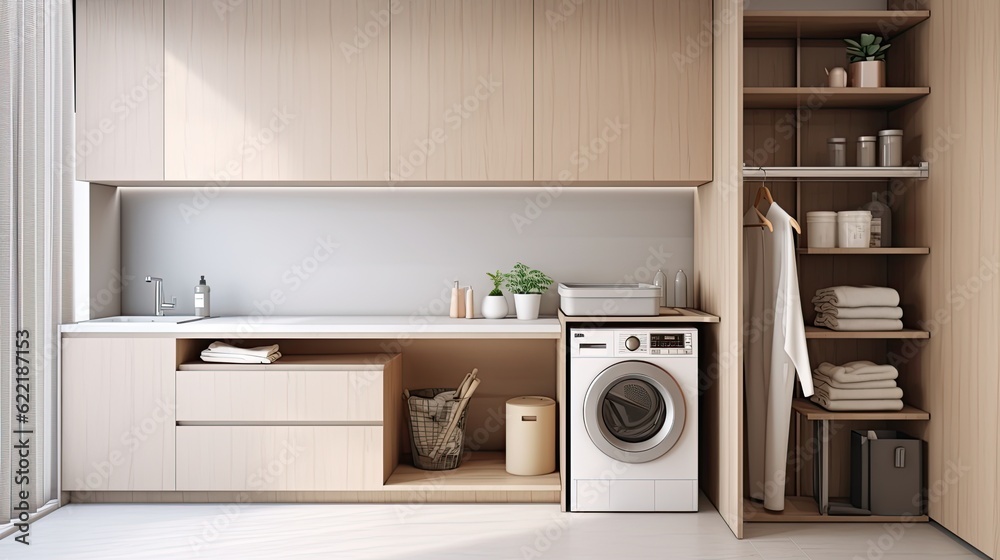 Minimalist laundry room with streamlined appliances, built-in storage, and folding area, generative ai Minimalist laundry room with streamlined appliances, built-in storage, and folding area, generative ai