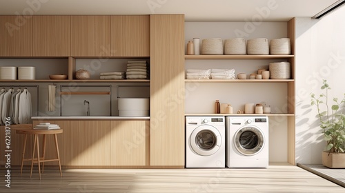 Minimalist laundry room with streamlined appliances, built-in storage, and folding area, generative ai