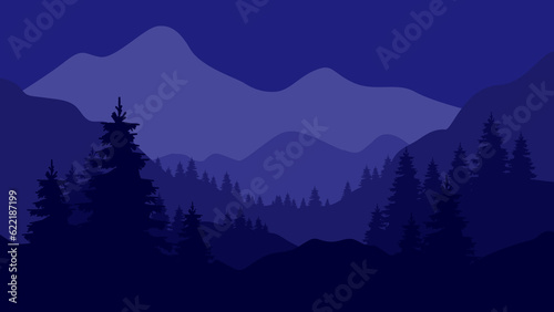 Landscape with silhouettes mountain and trees  Hills and forest with a night sky.