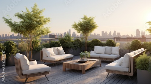 Minimalist rooftop terrace with sleek outdoor furniture, panoramic views, and potted plants, generative ai © Creative Station