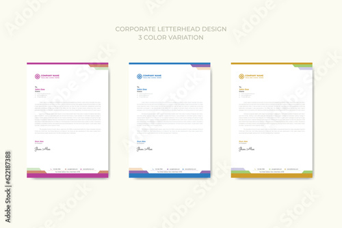 Professional corporate business letterhead template design with 3 color variation bundle
