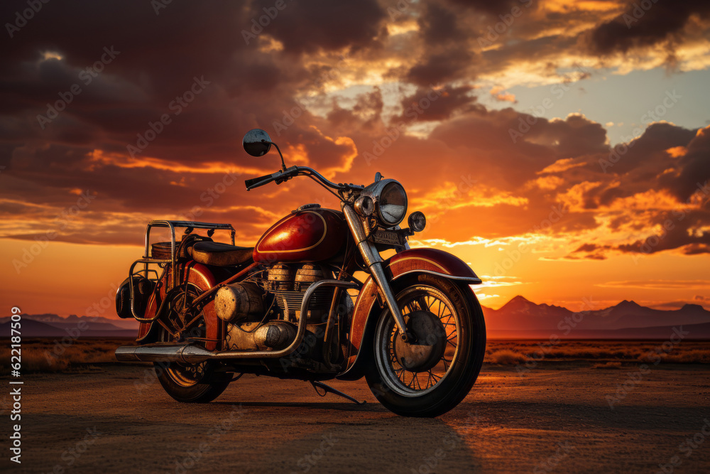Fototapeta premium Retro Motorcycle And Beautiful Sunset, Generative AI
