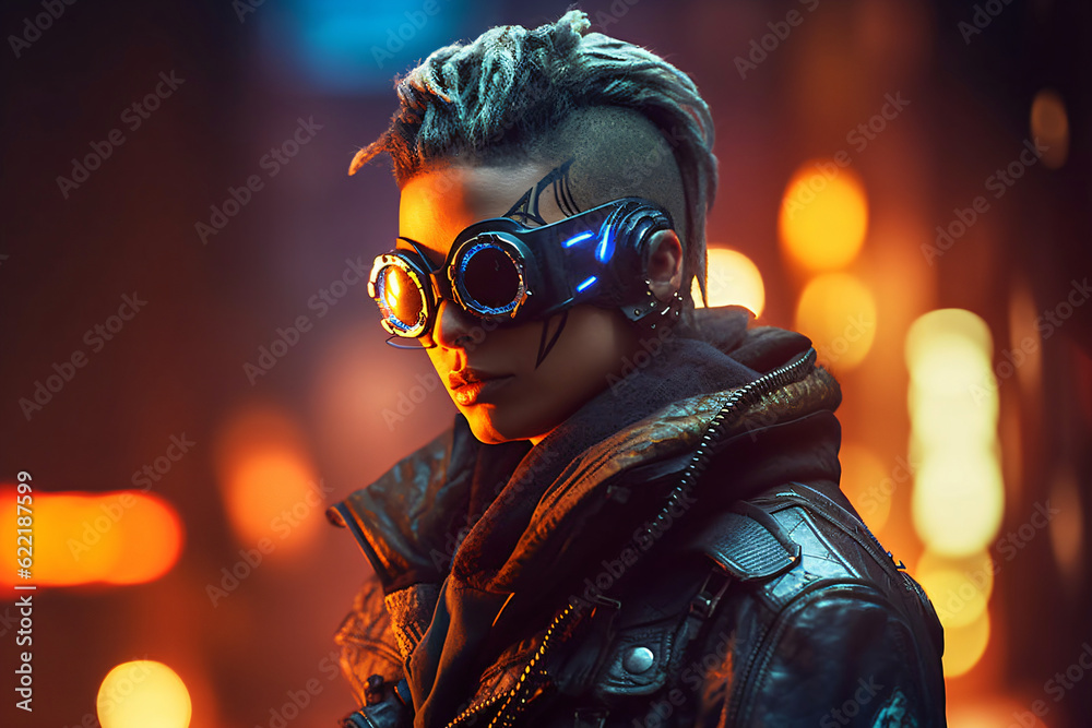 a female cyborg character portrait with sunglasses and a city on fire in the background, fictional person created with generative ai