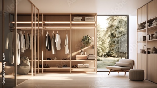 Minimalist walk-in closet with custom shelving, hanging racks, and a full-length mirror, generative ai © Creative Station