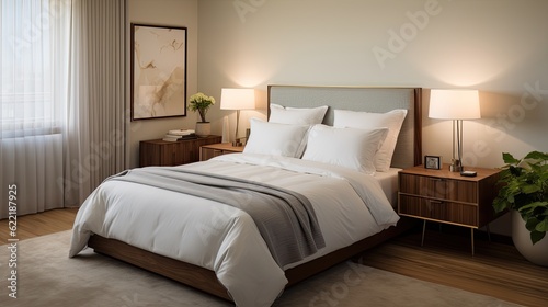 Simple and sophisticated guest bedroom with a comfortable bed, bedside tables, and soft lighting, generative ai