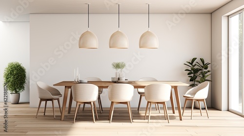 Simple and elegant dining room with a wooden table, modern chairs, and pendant lighting, generative ai