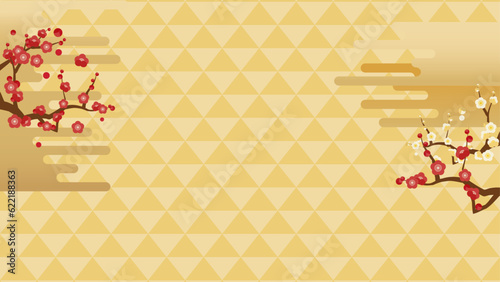 梅の花、グラデーションの雲、鱗模様の背景イラスト