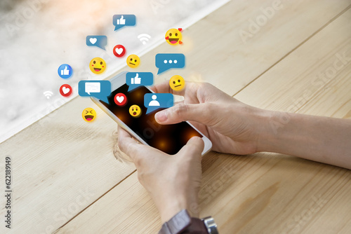 Concept of using digital media, technology, social media online surfing, woman's hand using smartphone to use the internet