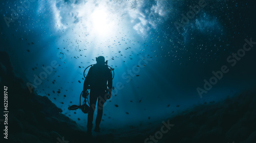 a diver exploring the depths of a calm ocean, representing the uncertainty surrounding the relationship between acute kidney injury and worsening kidney function Generative AI