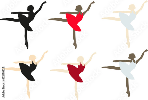 Vector ballerina silhouette set. Danding girl ballet. Woman in a ballet tutu. Female silhouettes in ballet dress. Dancing ballerinas set.