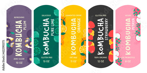 Bright sticker design set for kombucha package