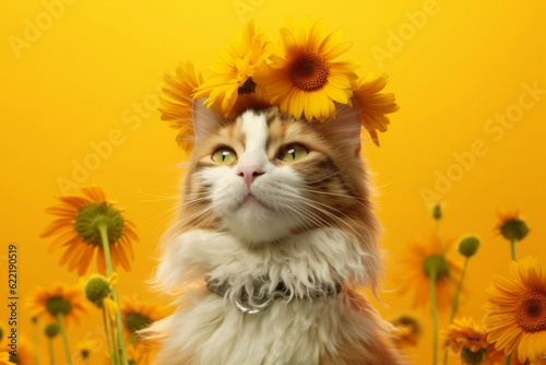 A cat with a camomile on its head on a colored background  soft lightinig