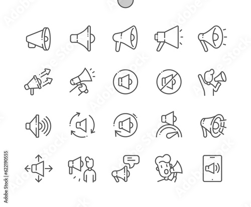 Megaphone. Volume. Announcement, broadcast, loud, speaker. Pixel Perfect Vector Thin Line Icons. Simple Minimal Pictogram