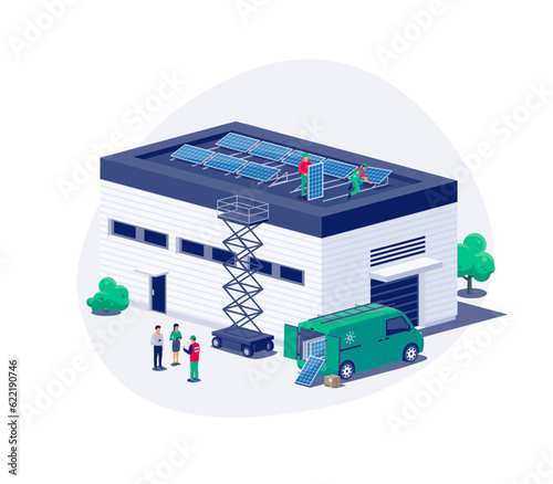 Solar panels installation on industry logistics center building flat roof. Construction technician workers connecting the renewable energy system. Clean electricity production. Vector illustration. (ID: 622190746)