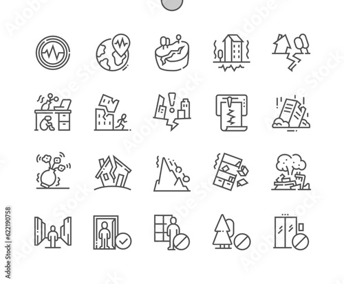 Earthquake. Nature disaster, destruction. Safety zone. Emergency methods. Pixel Perfect Vector Thin Line Icons. Simple Minimal Pictogram