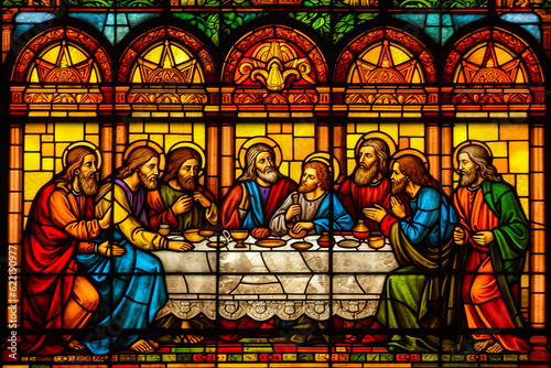 Fotografie, Obraz Breathtaking portrayal of Jesus and apostles in a vibrant stained glass from a Catholic cathedral for catechism purposes