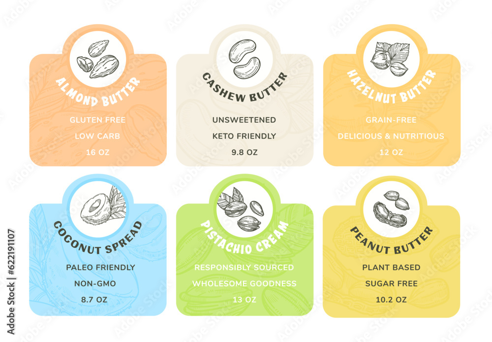 Fototapeta premium Sticker design set for nut butter package