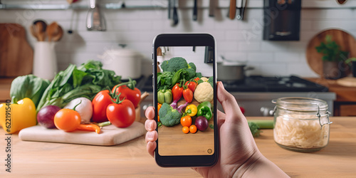 Woman hands take smartphone food photo of vegetables salad with tomatoes and fruits Generative Ai photo