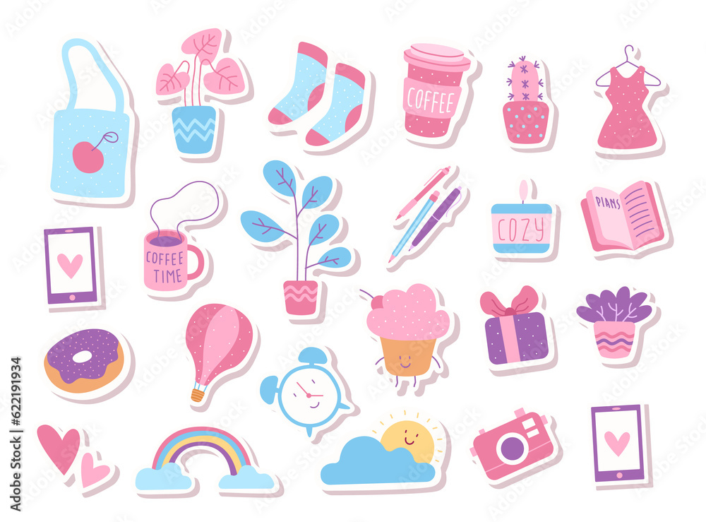 Diary sticker. Cute pink planner isolated elements, flowers, heart and rainbow in doodle style, funny sun and sweet food, typography agenda and notebook memo. png isolated set