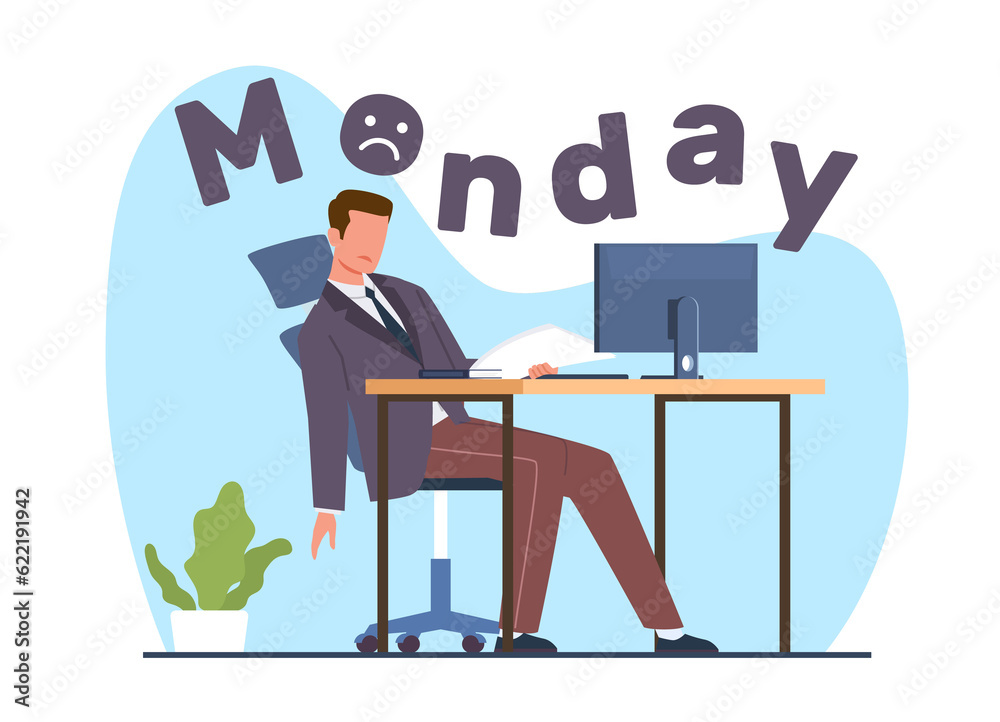 Sleepy and frustrated office worker on Monday morning. Man sitting at desk, sleep male character procrastination in workplace, burn out man. Cartoon flat style isolated png concept