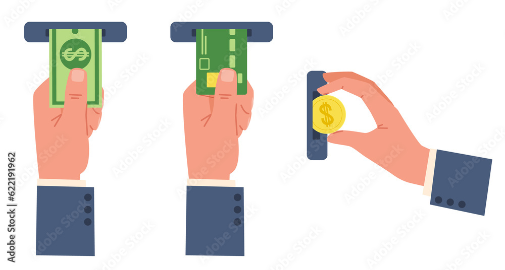 Φωτογραφία Concept of ATM terminal payment, hand hold gold coin, banknote or credit card