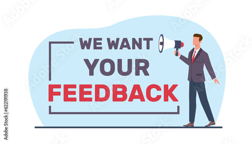 Concept of getting feedback, man with megaphone from customer service. People satisfaction about service or product, online comments and ranking. png cartoon flat style review illustration