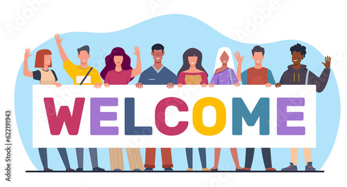 Group of diverse young men wave their hands in welcoming gesture. Happy persons hold greeting banner. Students team together. Invite poster. Cartoon flat style isolated png concept photo