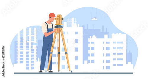 Fotografie Surveyor takes measurements with equipment at site under construction