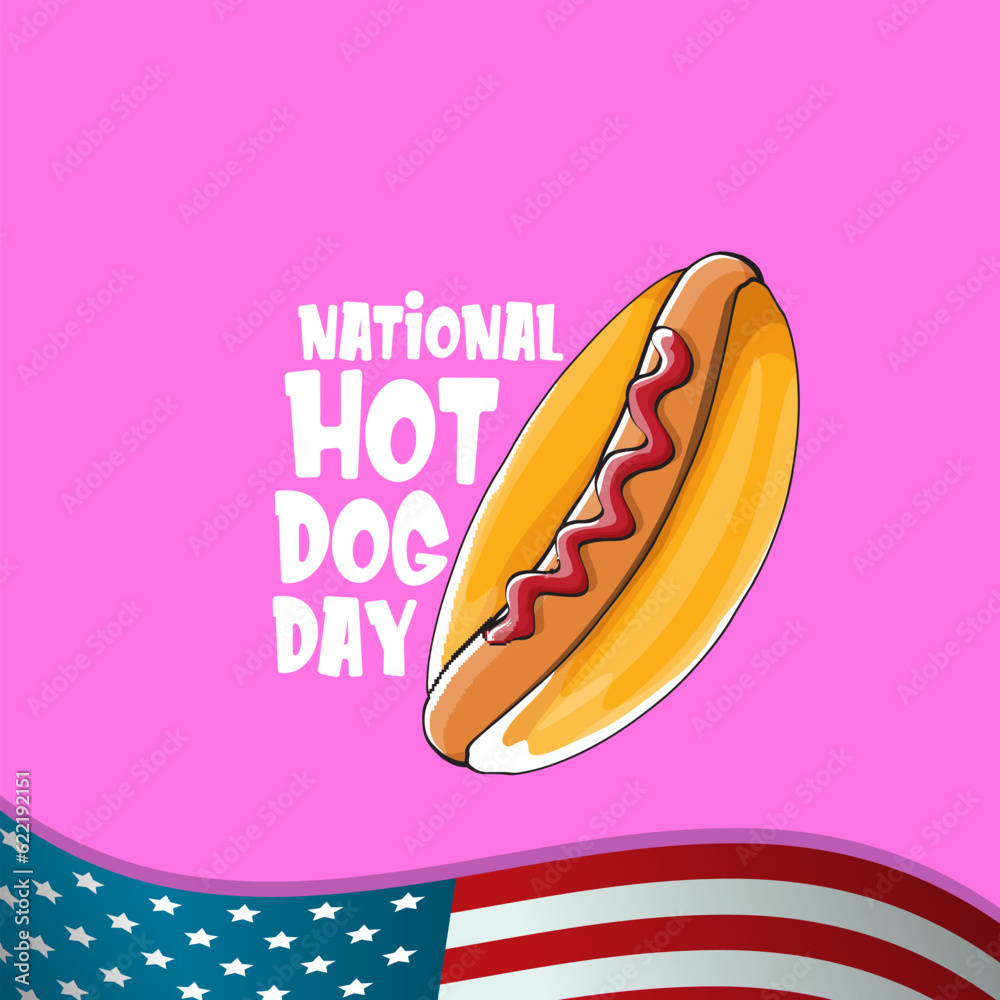 National hot dog day poster with funny cartoon hot dog. Hot dog day label or print for tee isolated on usa flag background. National hot dog day poster with funny cartoon hot dog. Hot dog day label or print for tee isolated on usa flag background.