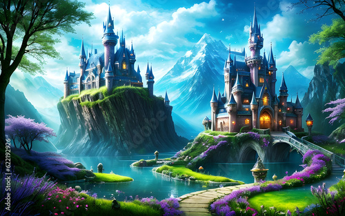 Serene wonderland moody cold place environment by magical park swarm of sky clouds over castle