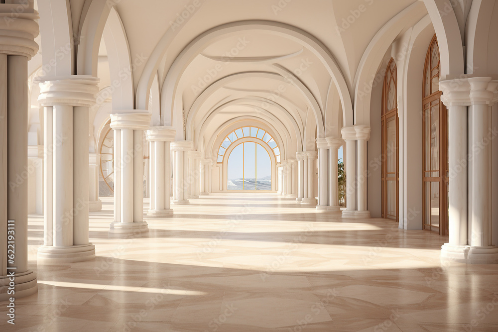 A luxurious marble hallway with arched windows stretches out before you, inviting you to explore its majestic beauty