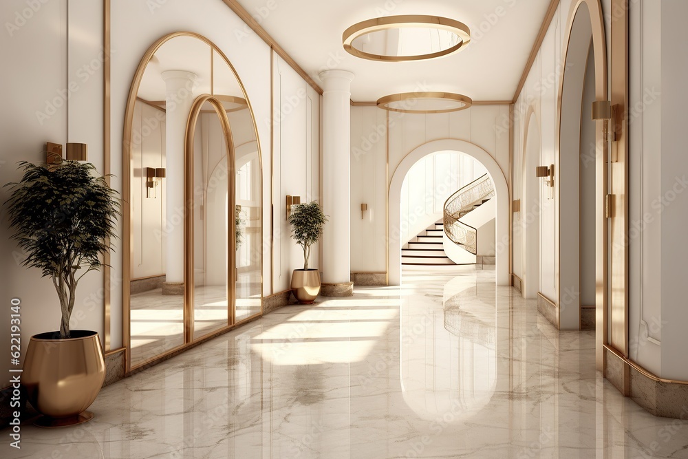 A luxurious hallway, filled with shimmering marble and a majestic staircase, beckons visitors to explore its grandeur