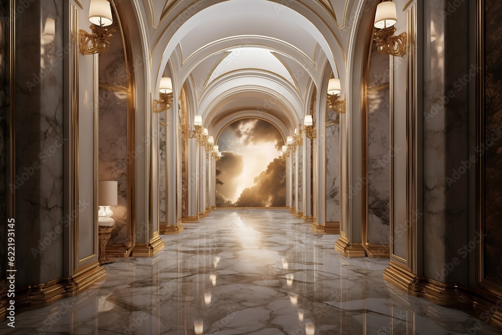 A luxurious hallway of marble walls and flooring beckons with an inviting air of grandeur and opulence