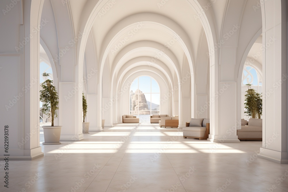A luxurious hall of marble arches and white chairs invites you into a majestic corridor of grandeur and serenity