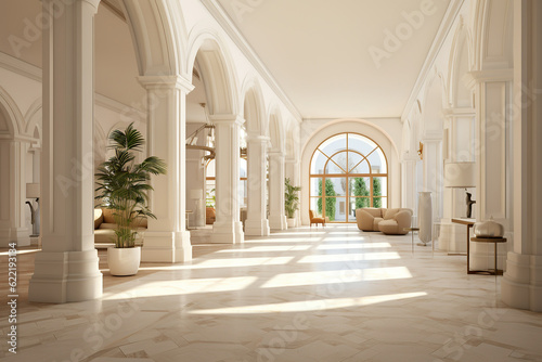 An opulent hall of marble columns and a grand window that offers a glimpse into a luxurious, pristine white space